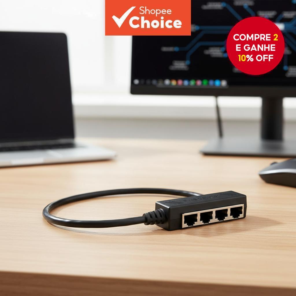 Adaptador Splitter Ethernet RJ45, Conector de Rede LAN 1 para 4, Conversor de Cabo 1 Macho para 4 Fêmeas