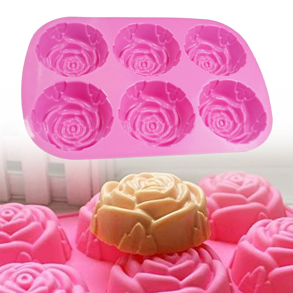 6 Buracos Flor Rosa Artesanal Sabão Molde De Silicone Bolo Bakeware Assadeira Pan Muffin Cubo De Gelo