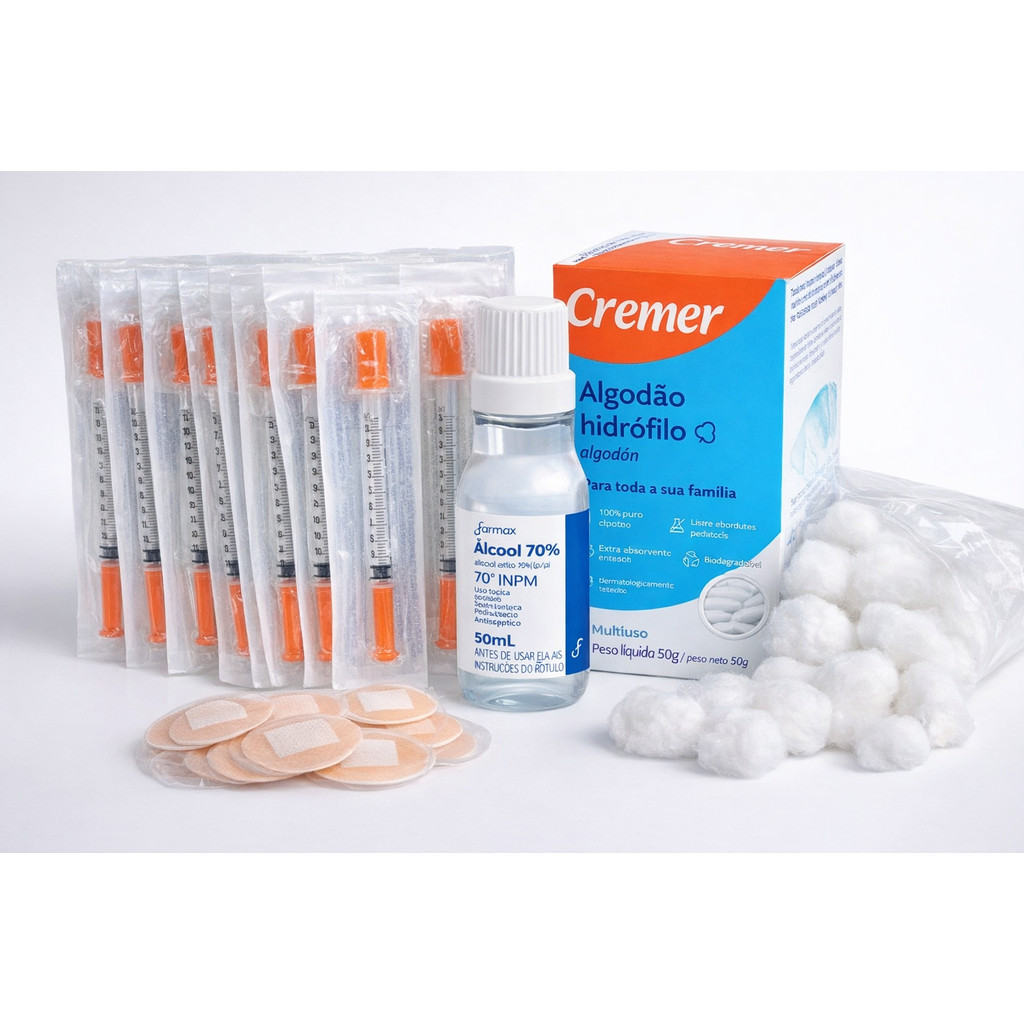 Kit Aplicações – Seringas ( Insulina/botox) de 50 ui 0,5 ml + Álcool + Algodão + Curativo