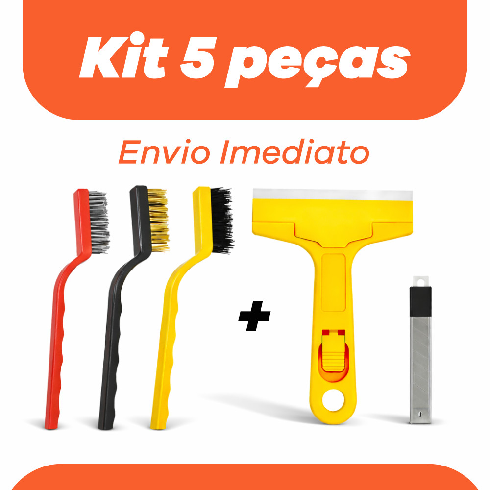 Kit 5 Itens 3 Escova de Aço Para Limpeza Forno Grelha Fogão Aço Latão Nylon + Raspador Limpa Box Piso Vidro + 3 Lâminas