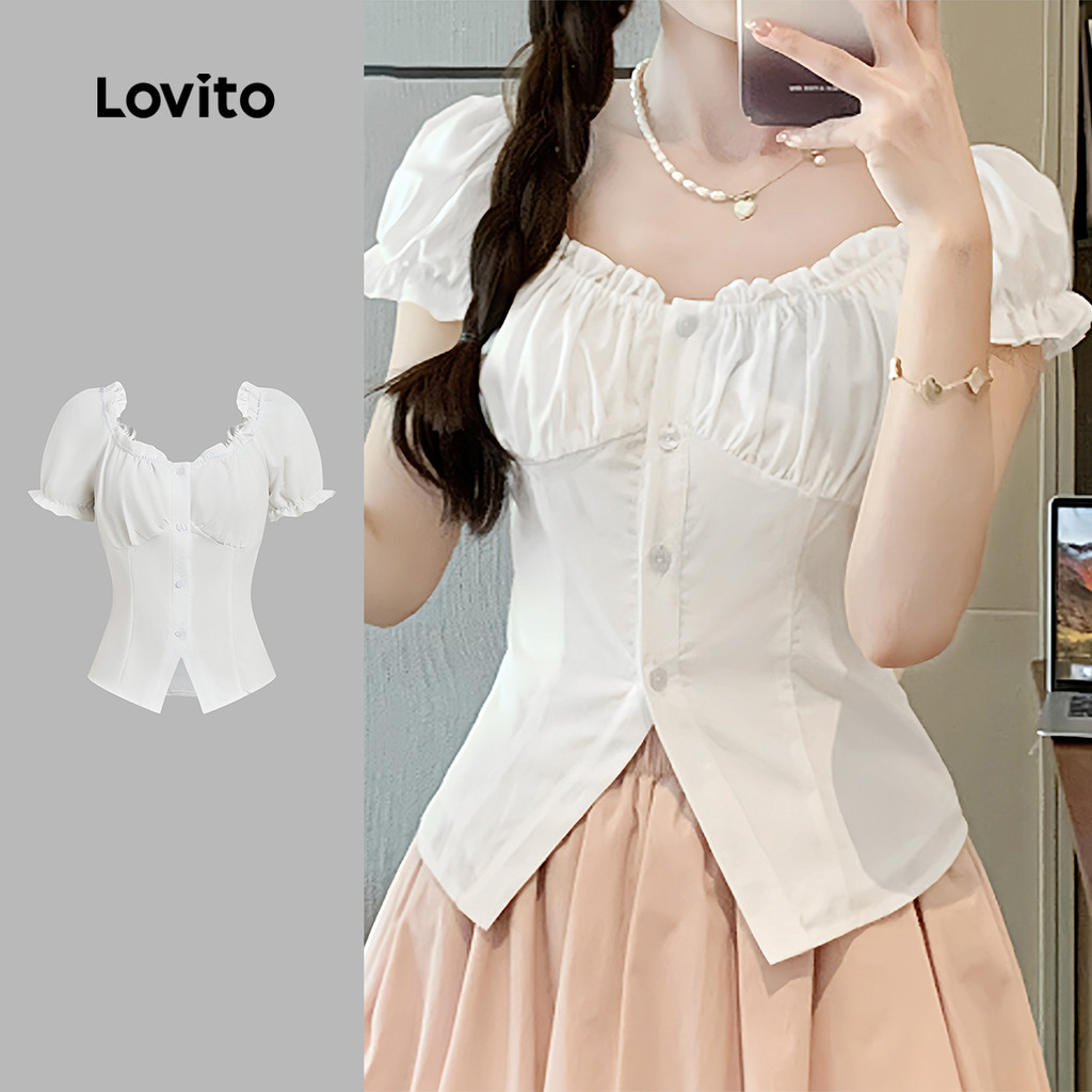 Lovito Blusa Casual com Botões e Renda Primavera/verão Blusa Branca para Mulheres LK2AD218 em Oferta na Shopee
