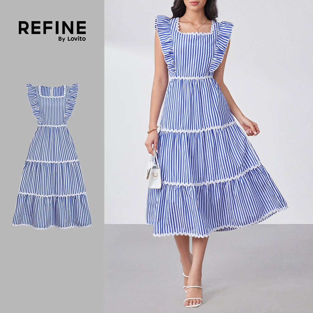 (Lovito Refine)  Vestido Casual de Camada em Cascata Trança Babado Primavera/verão Azul para Mulheres. LR32L057 em Oferta na Shopee