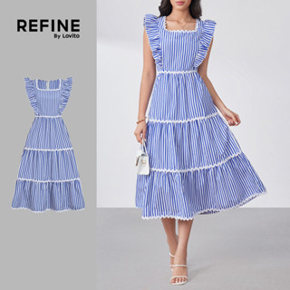 (Lovito Refine)  Vestido Casual de Camada em Cascata Trança Babado Primavera/verão Azul para Mulheres. LR32L057 em Oferta na Shopee