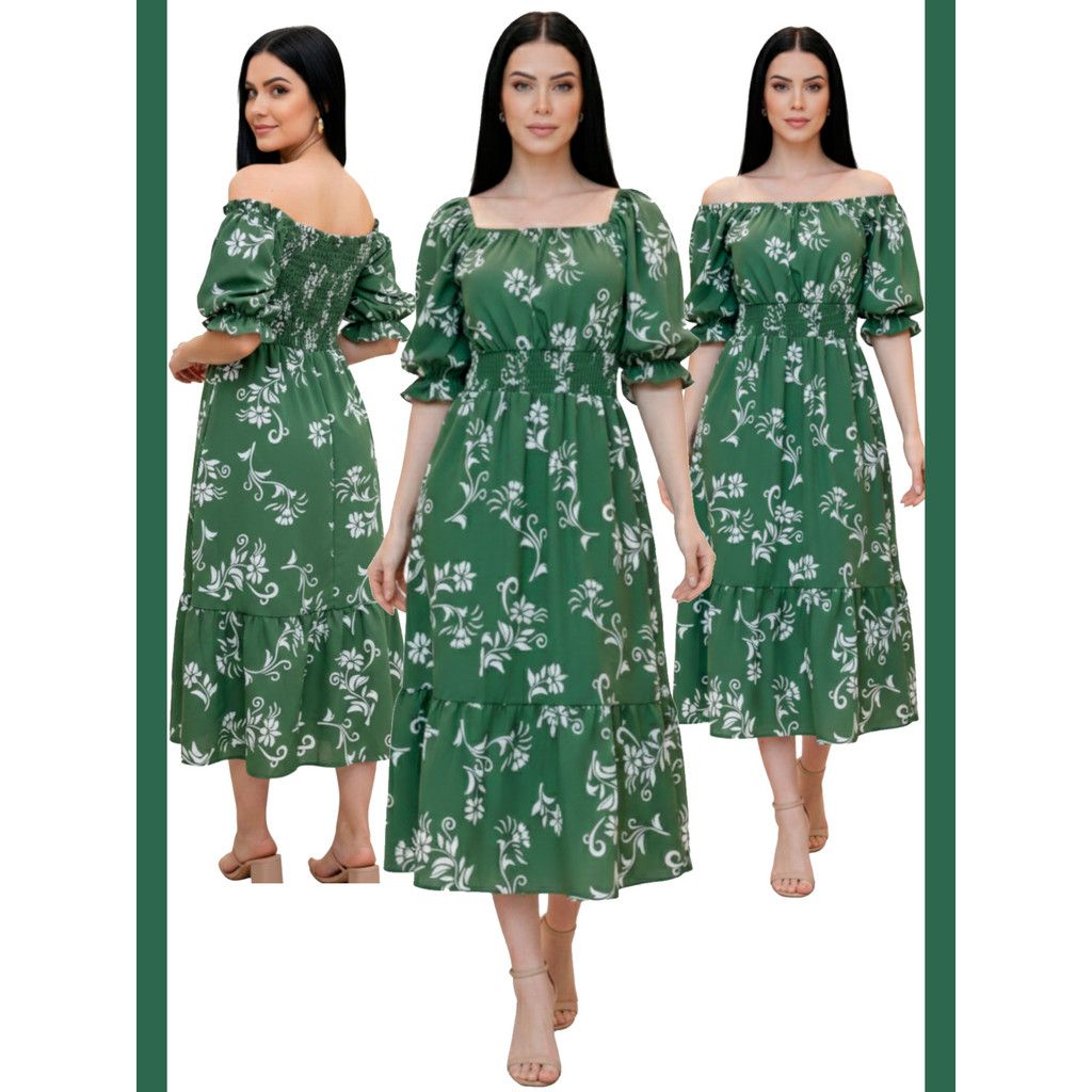 Vestido Midi Crepinho Estampado Ciganinha com Babado Moda Evangelica Veste do 40 ao 46 em Oferta na Shopee