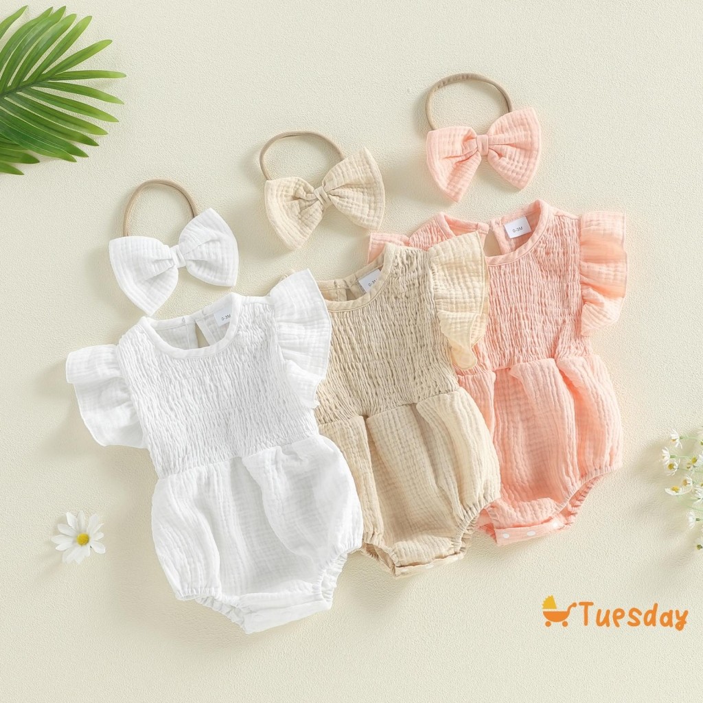 Roupa De Verão Para Bebês Meninas , Cor Sólida , Manga Esvoaçante , Gola Redonda , Macacão , Faixa De Cabeça , Conjunto