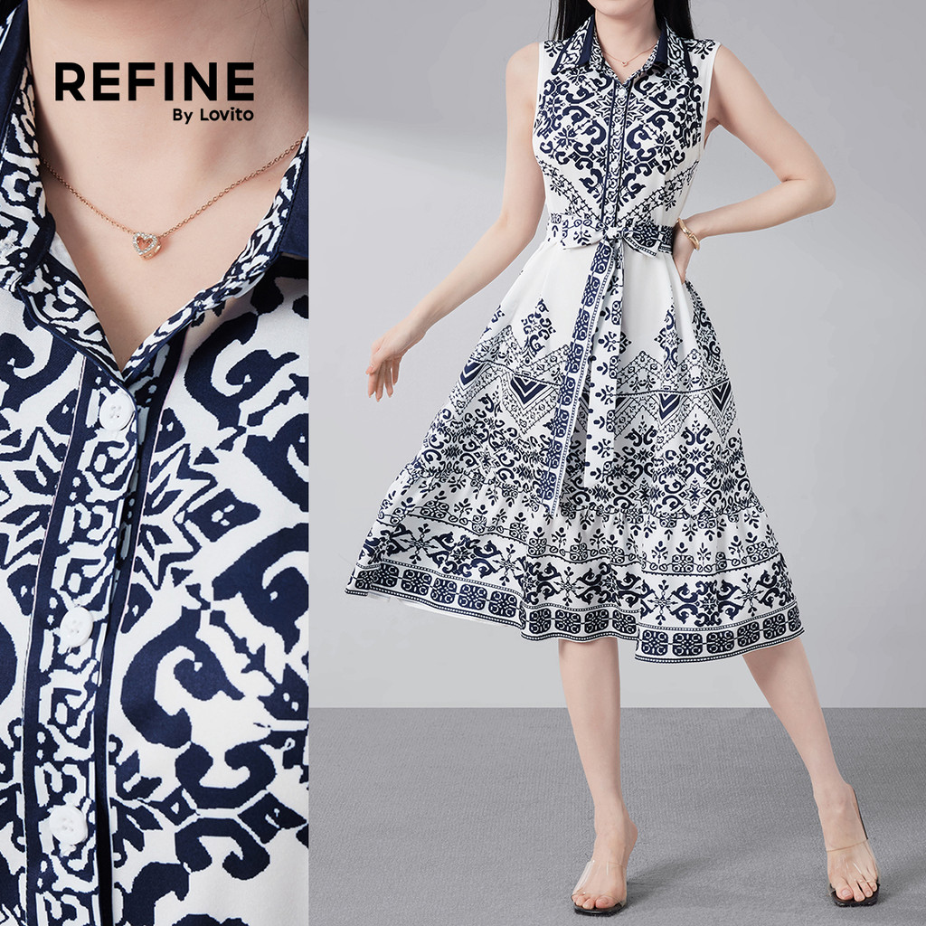 (Lovito Refine)  Vestido Boho com Botão Frontal e Cinto Padrão para Primavera/verão para Mulheres. LR32E056 em Oferta na Shopee