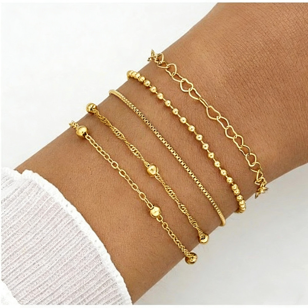 Conjunto De 5 Peças De Corrente De Contas Redondas De Amor Pulseira Bracelet Set
