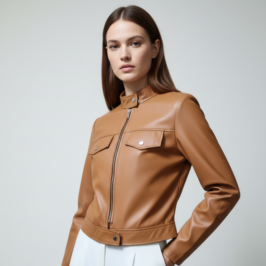 Jaqueta Feminina Couro Sintético Inverno Elegante com Ziper e Botão em Oferta na Shopee