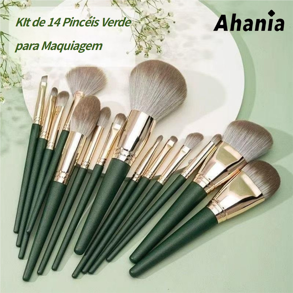 Kit de 14 Pinceis para Maquiagem Verde, Cerdas Macias Profissionais , Kit Completo Para Rosto E Olhos, Sombra e Base