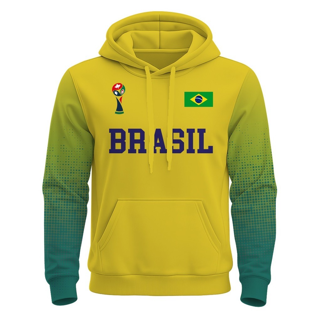 Moletom Masculino 3D Poliéster Blusa Frio Futebol Copa Brasil Mundial Estampa Amarelo Verde Full