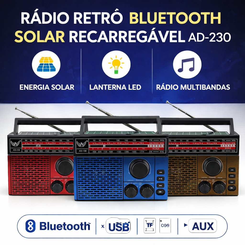 Rádio Retrô Bluetooth Solar Recarregável AD-230 com Lanterna | AM FM SW, USB, TF, Alça Portátil