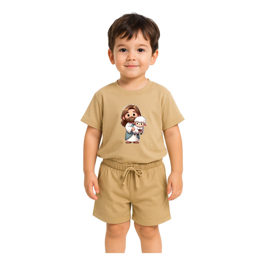 Conjunto Kit Infantil Masculino Camiseta e Short Ovelhinha De Jesus Em Algodão 2 ao 16