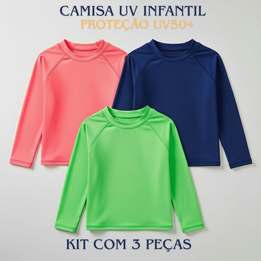 Kit 3 Peças Camisas com Proteção Solar UV50+ Manga Comprida Praia e Piscina Moda Bebê e Juvenil Segunda Pele