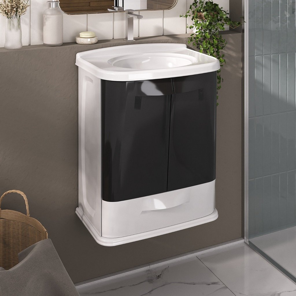 Gabinete para Banheiro em Plástico com Lavatório Fit Astra sem Torneira Branco/Preto em Oferta na Shopee