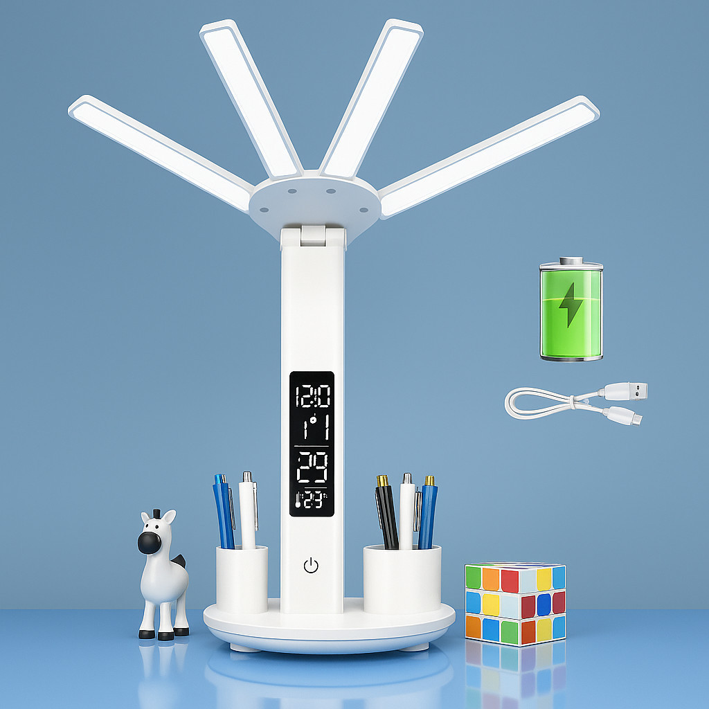 Luminária de Mesa LED com Relógio e Braço Articulado  | 3 Tons de Luz | Porta Caneta | USB Recarrega em Oferta na Shopee