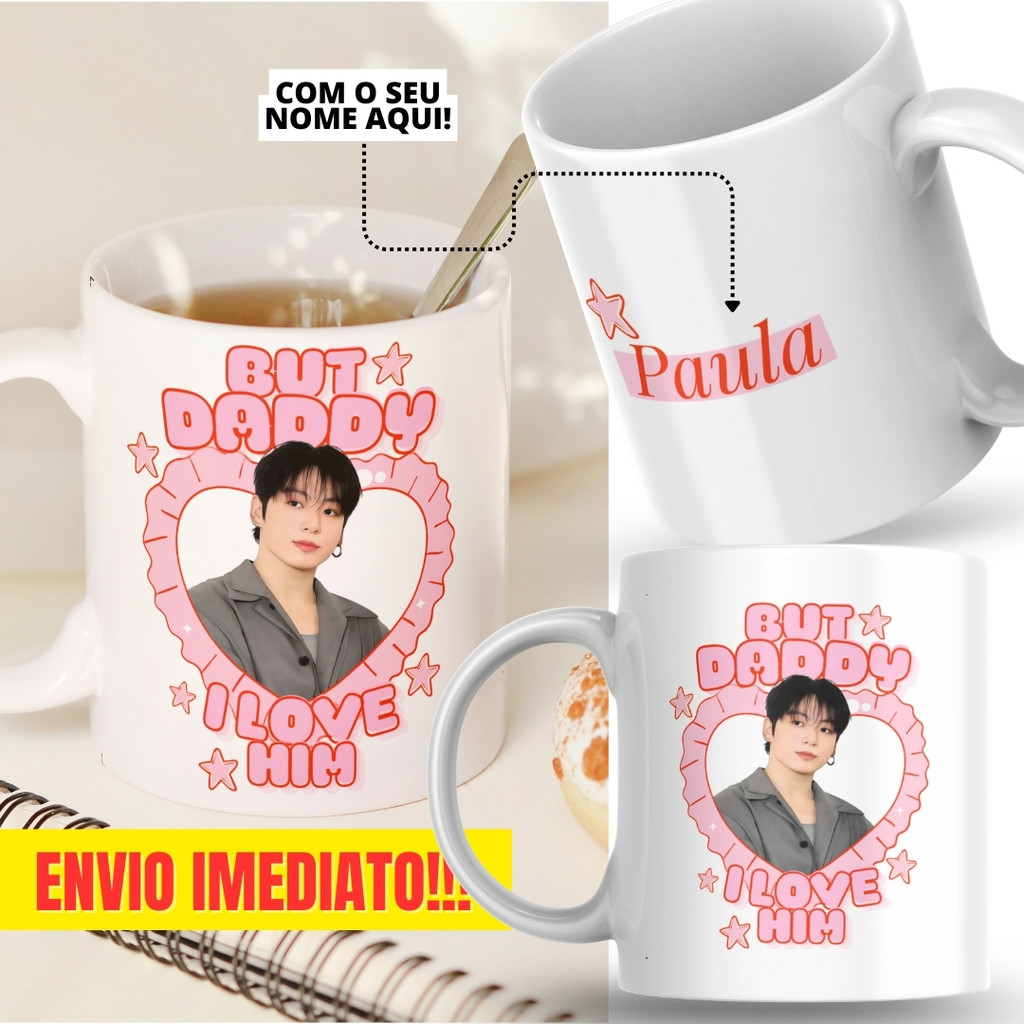 Caneca Xicara Porcelana 325ml Jungkook Icon Kpop BTS Com Nome Personalizada Presente Decoração Casa