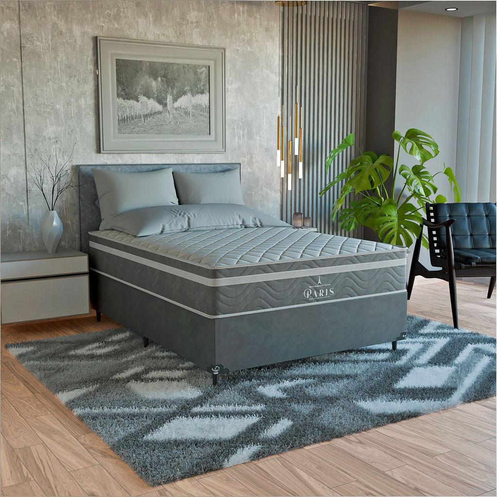 Cama Box Casal Cinza + Colchão Paris Molas Ensacadas Cinza