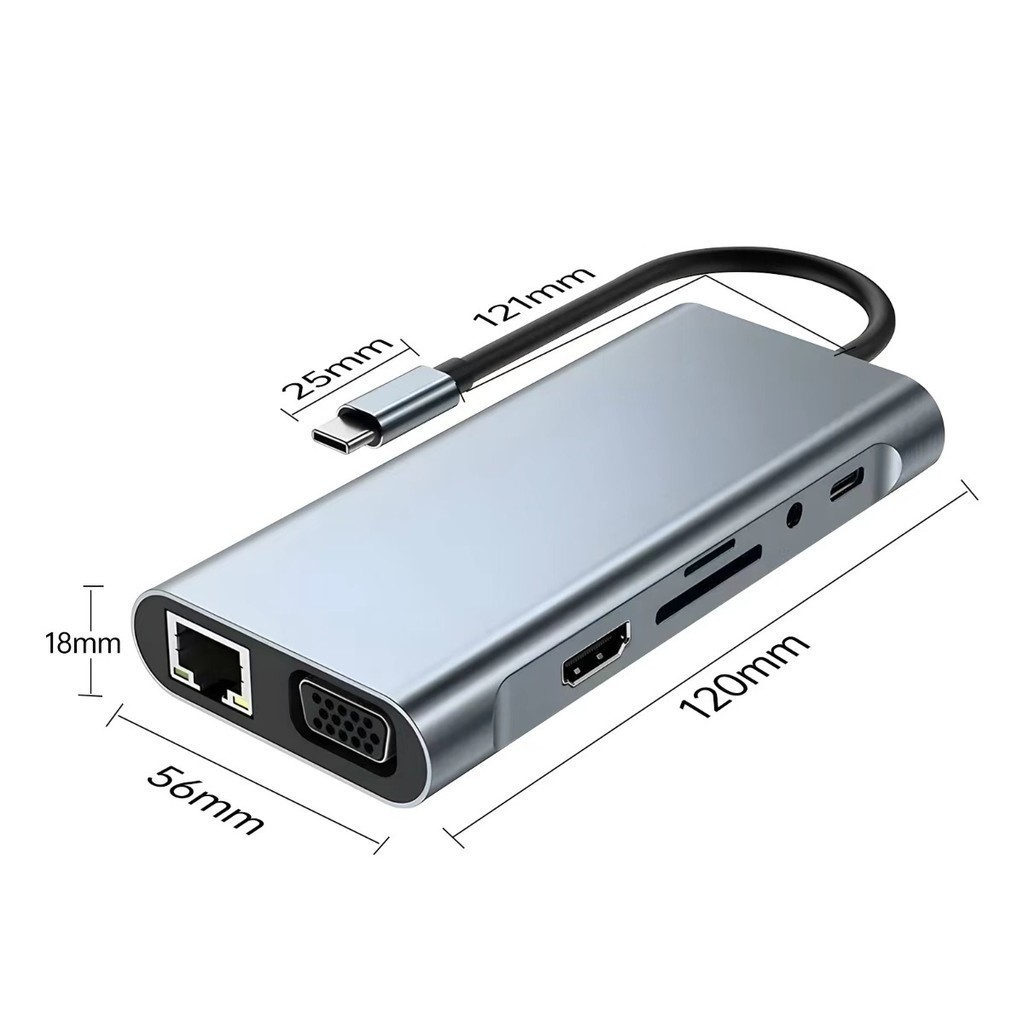 Hub Adaptador USB-C 11 em 1 com HDMI, VGA, LAN, USB 3.0, Leitor de Cartões e Áudio – Tipo-C Multifuncional ming