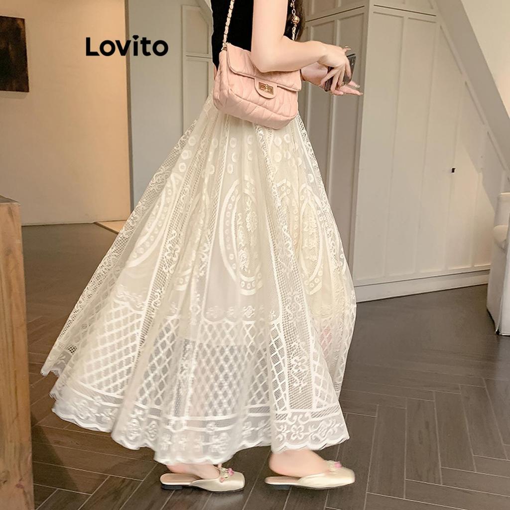 Lovito Saias Casuais Saias De Renda Geométrica Para Mulheres LNA58191 em Oferta na Shopee