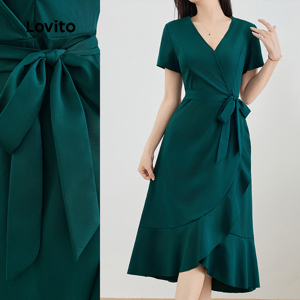 Lovito Vestido Casual Liso Com Babados E Mangas Compridas Para Mulheres L131LD1305 em Oferta na Shopee