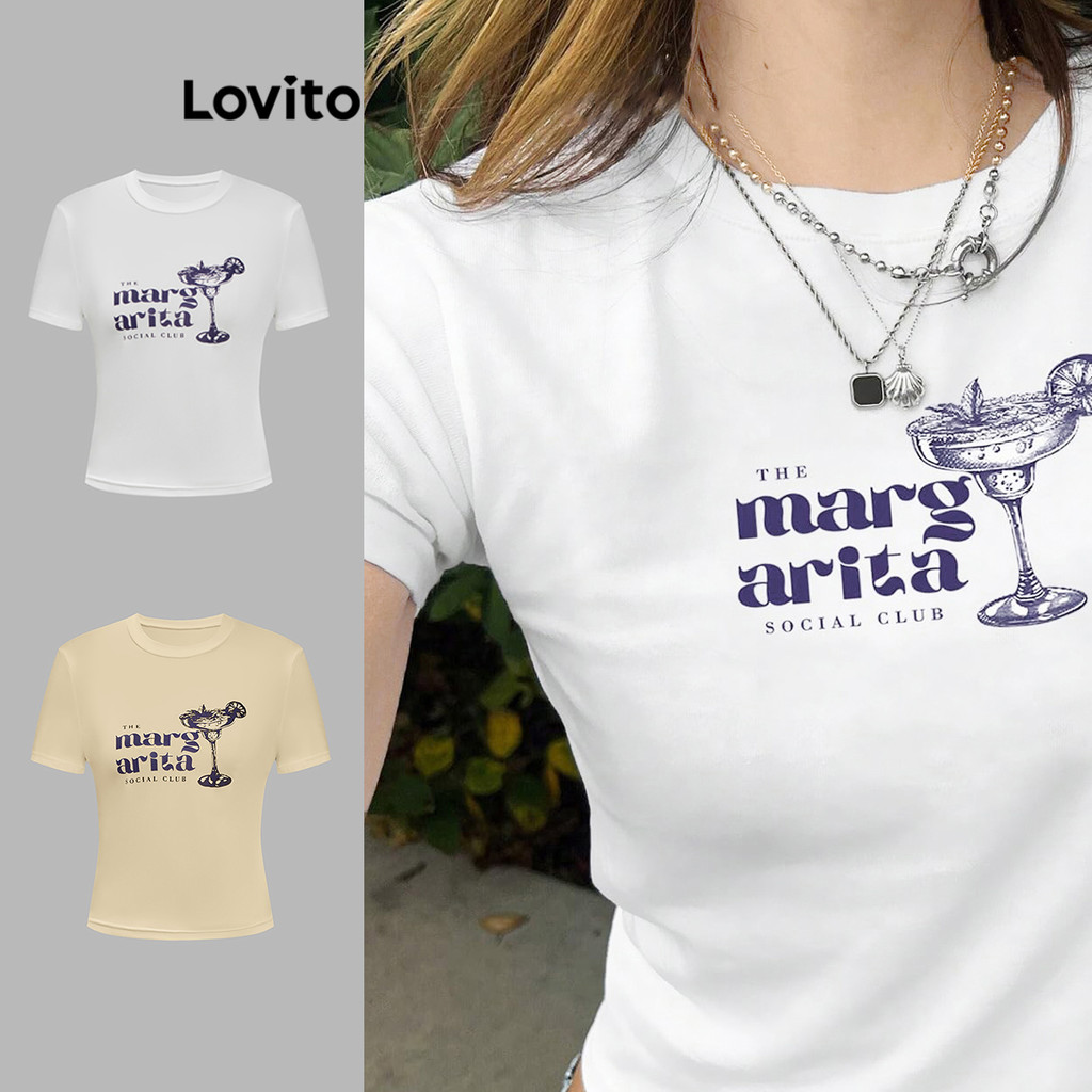 Lovito Camiseta Feminina Elegante Com Estampa De Letras Para O Verão/primavera L108ED498 em Oferta na Shopee