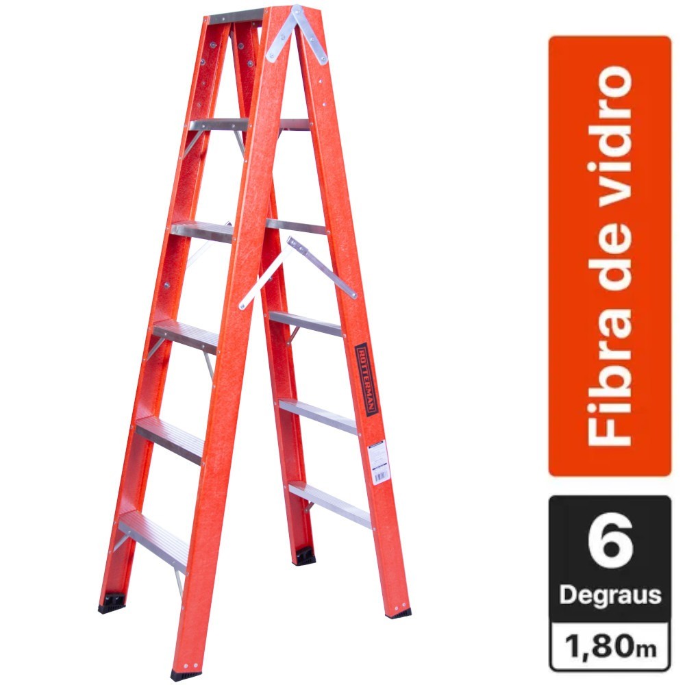 Escada tesoura dupla em fibra de vidro 6 degraus 1,80 m - ESC06180 Rotterman