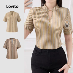 Blusa Social Feminina Lovito Elegante com Botões e Bloco de Cores Para Primavera/verão Blusa L155ED438