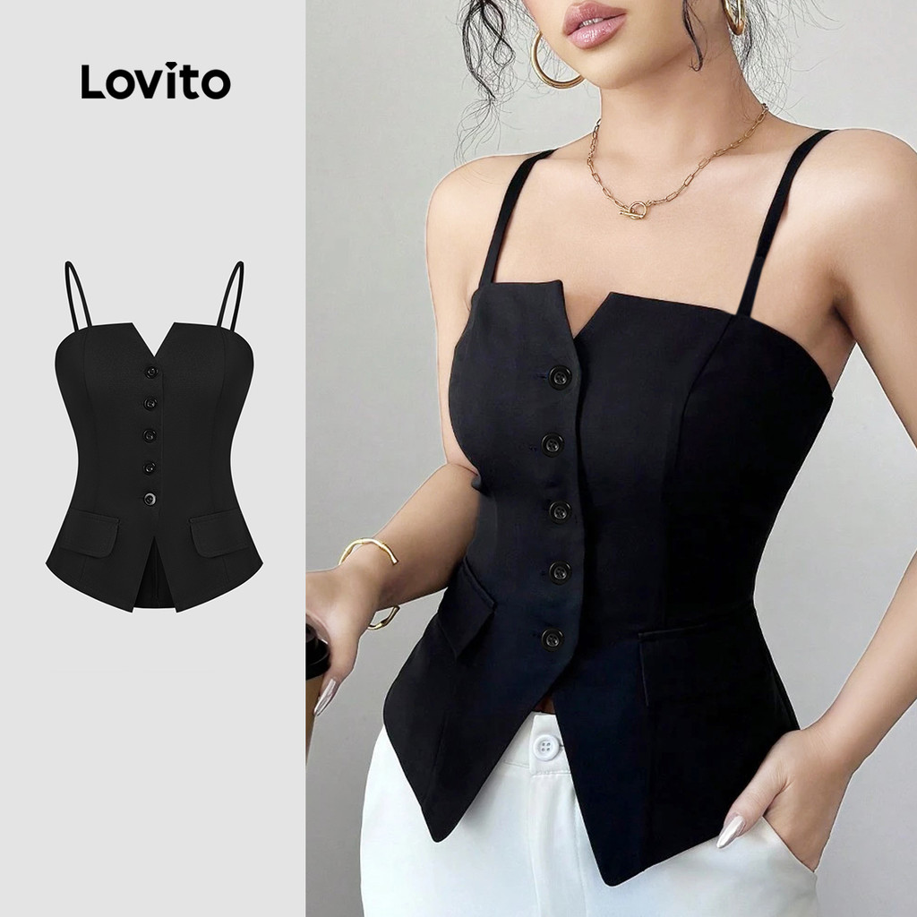 Lovito Regata Elegante Com Botões Lisos Para Mulheres L131LD1270 em Oferta na Shopee