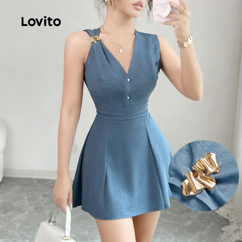 Lovito  Vestido Casual Assimétrico de Metal Azul Primavera/verão para Mulheres L172LD1932 em Oferta na Shopee