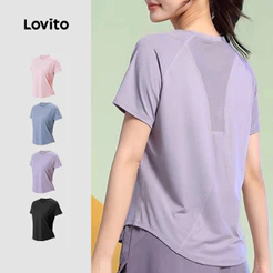 Lovito Casual Camiseta Esportiva Externa Respirável Olheiras Dri Fit Corrida Academia Feminina LNA137038