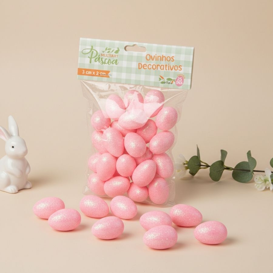 Ovinhos de Páscoa Decorativos Rosa com Glitter - 3cm  - 25 unidades - Rizzo em Oferta na Shopee