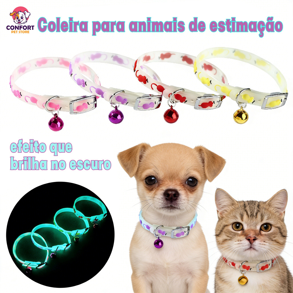 Coleira Pet para Gatos com Sino/Coleiras que brilham no escuro para gatos e cães de pequeno porte, em diversos estilos em Oferta na Shopee
