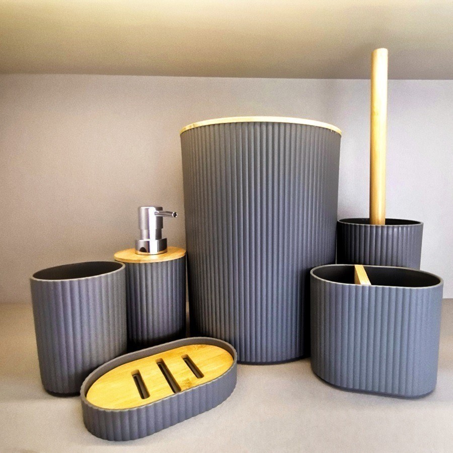 Oferta Conjunto 6 Peças Pra Banheiro Bambu Saboneteira Conjuto Lavabo Lixo De Banheiro Acessorios