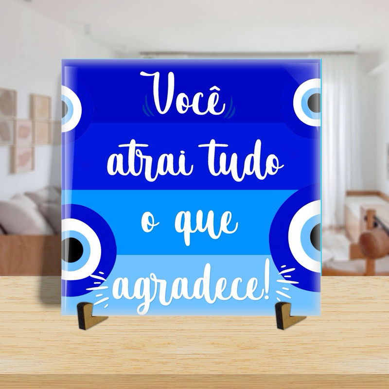 Azulejo placa cerâmica 20x20cm proteção olho grego frase agradece