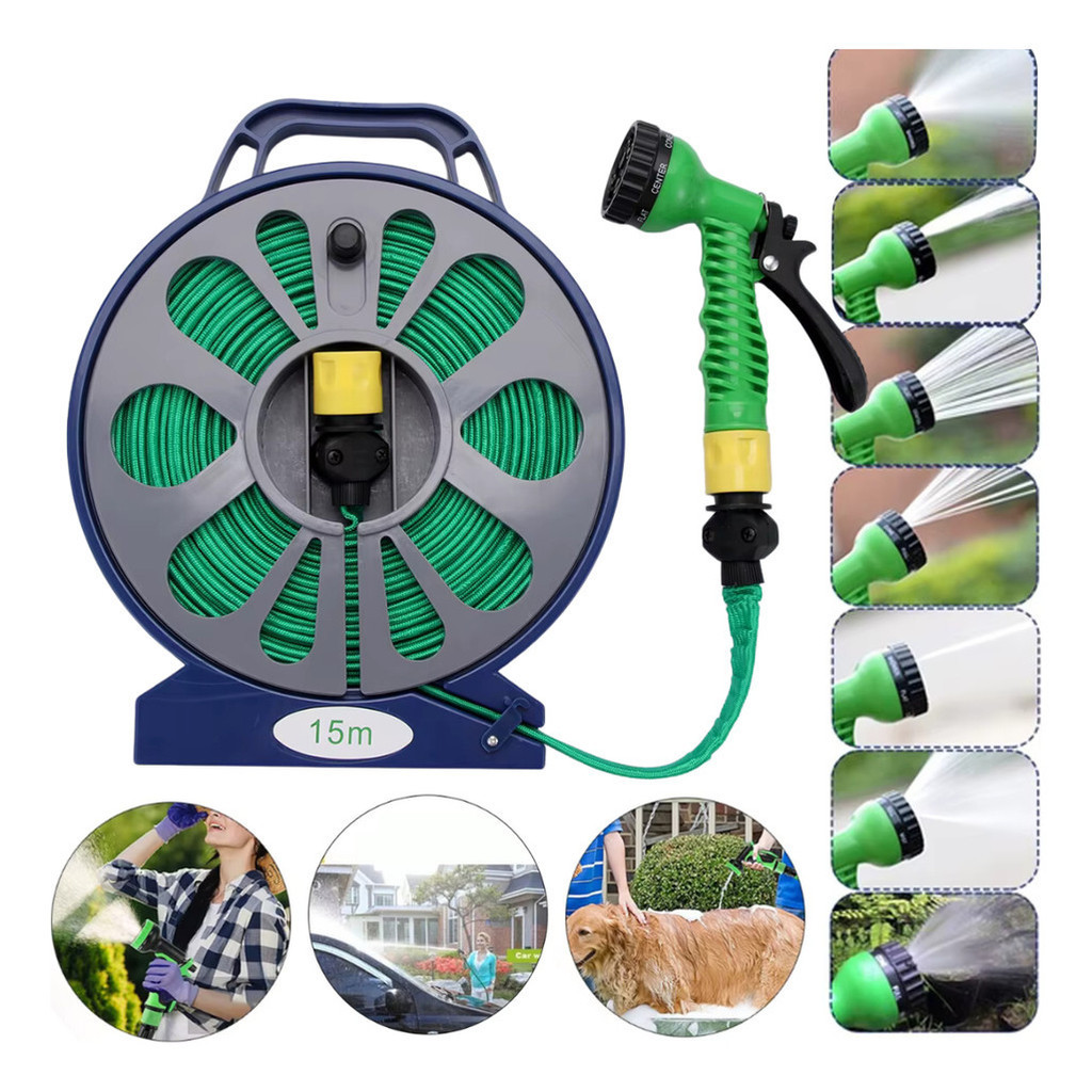 Mangueira Retrátil Reforçada Jardim De 15m 7 Saídas De Água com Carretel