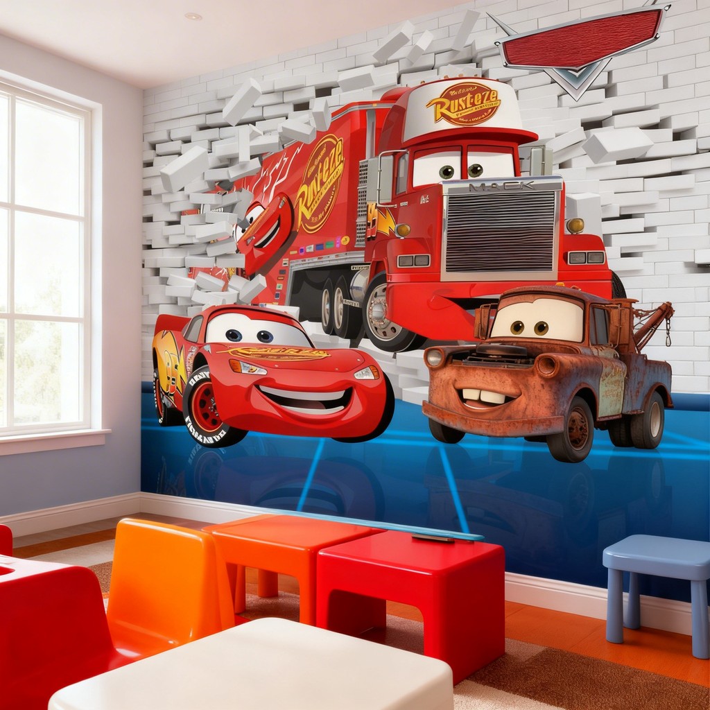 Papel de Parede Tema Carros Relampago Macqueen e Mate com nome Personalizado para PAREDE TODA