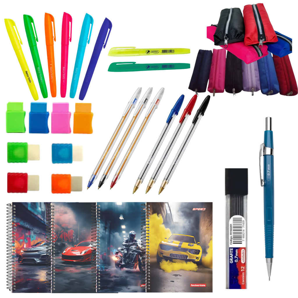 Kit Completo 9 itens de Material Escolar Caderno Speed Caneta e Lapiseira Pronto para Usar em Oferta na Shopee