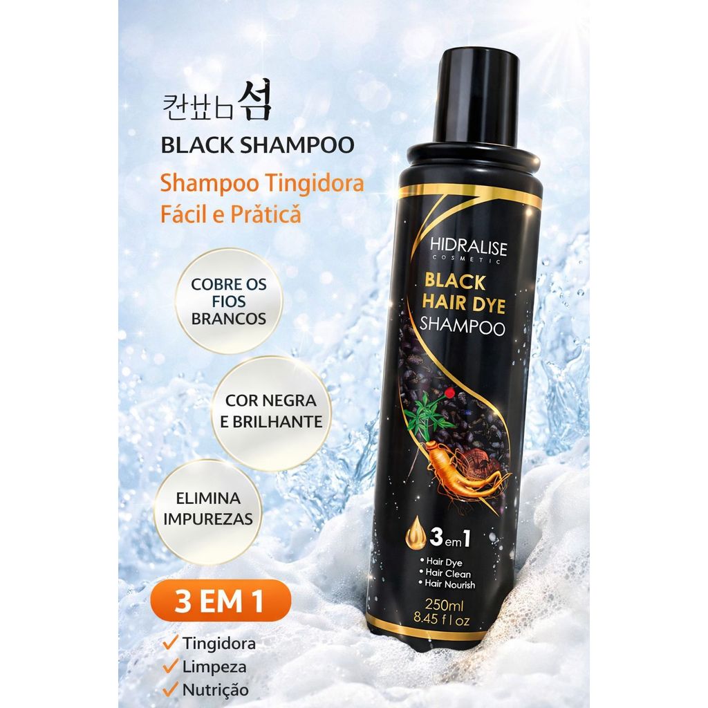 Shampoo Hair Dye 3em1 250ml – Tonalizante Escurecedor Preto Natural com Extrato He Shou Wu – Cobre Fios Brancos
