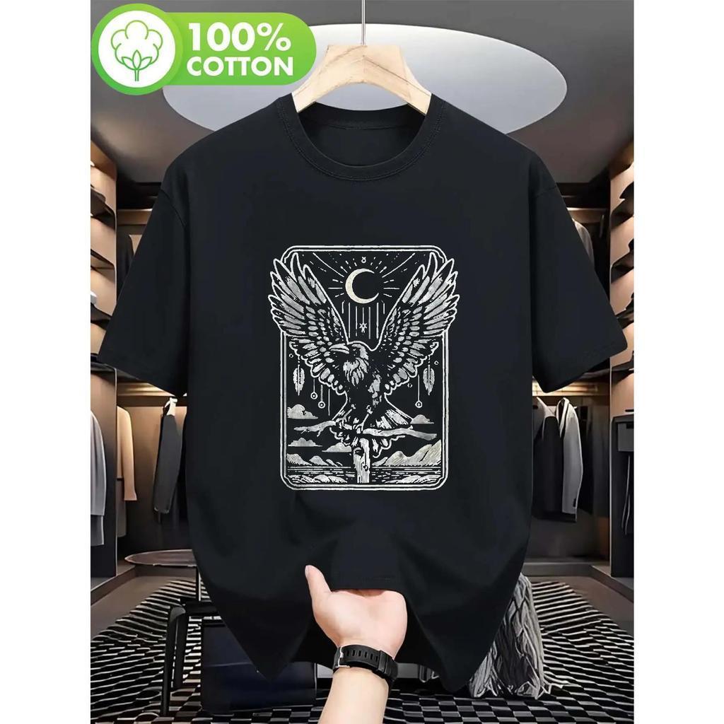 Camiseta Gótica de Corvo para Homens e Mulheres - Estampa de Banda de Heavy Metal com Lua, Estrelas e Corvo - Camiseta U
