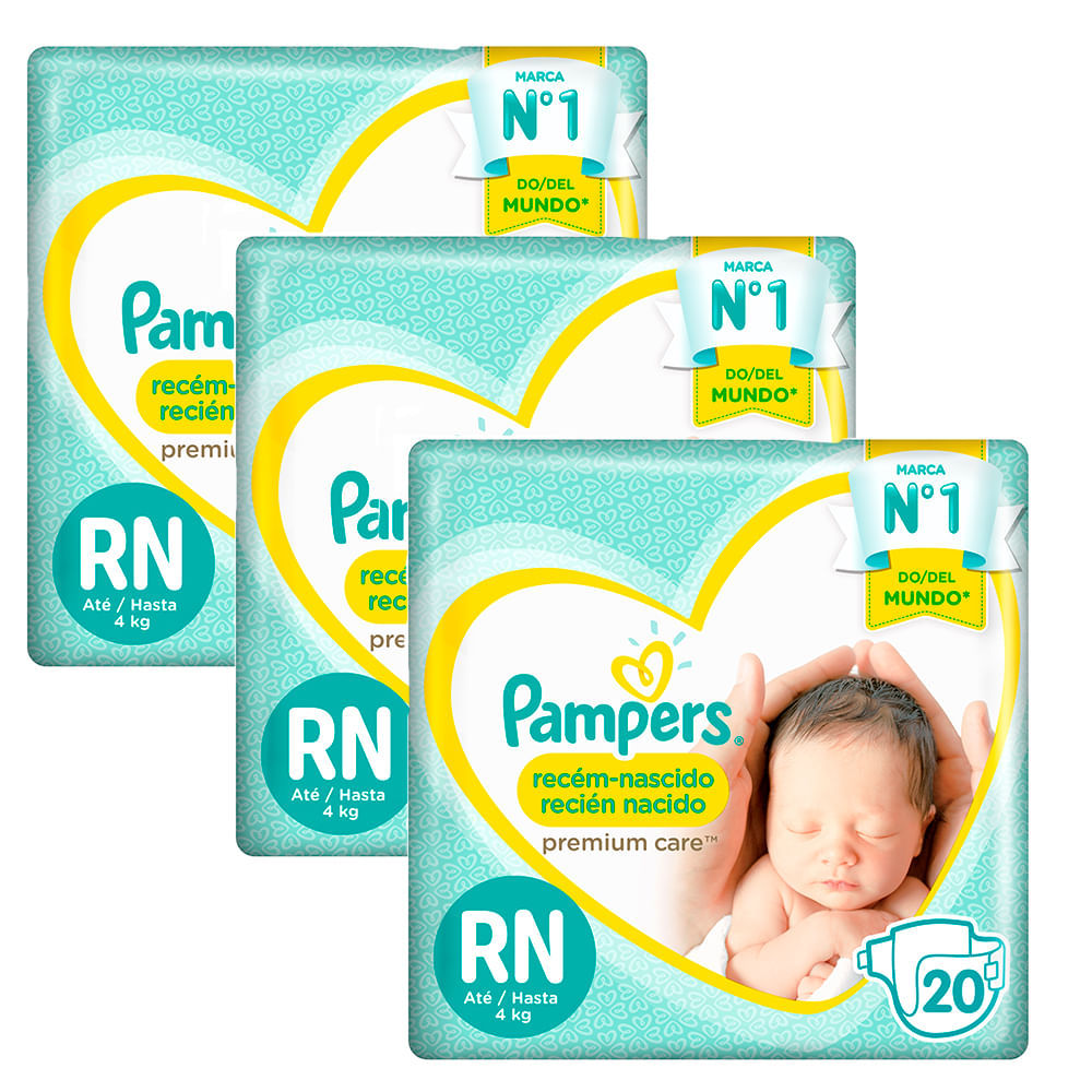 Kit 3 Fraldas Descartáveis Pampers Premium Care Recém-Nascido RN 20 Unidades em Oferta na Shopee
