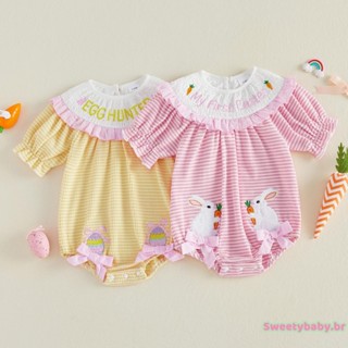 Macacão De Páscoa Para Bebês Meninas , Manga Curta , Gola Redonda , Coelho , Cenoura , Letras , Bordado , Listrado em Oferta na Shopee