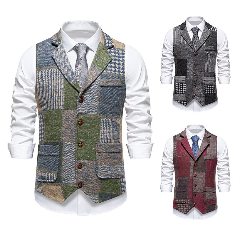 Colete Masculino Verde Tweed Xadrez Fino Ajuste Lapela Terno Espinha De Peixe Vintage Para Padrinhos De Casamento