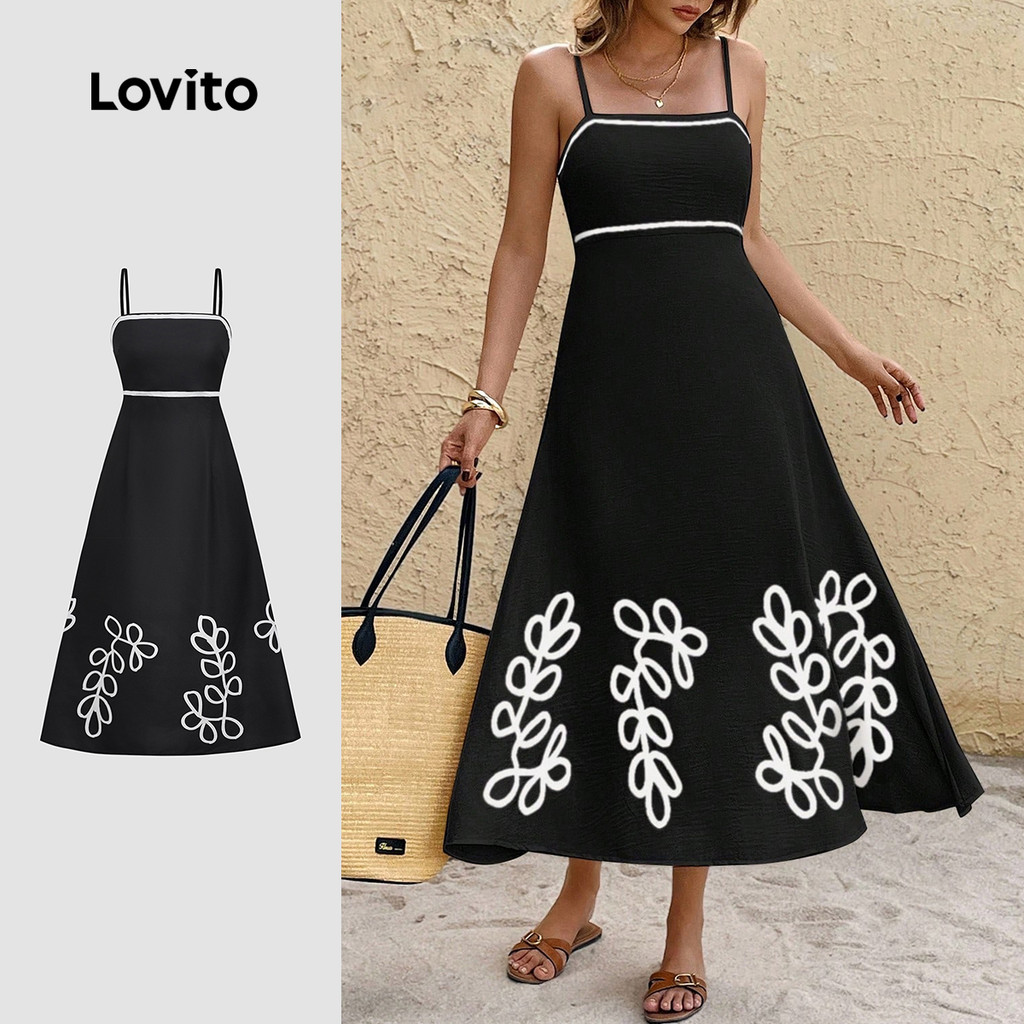 Lovito Vestido Boho Estilo Resort Contraste Guarnição Primavera/verão Preto Vestido para Mulheres LBL31155 em Oferta na Shopee