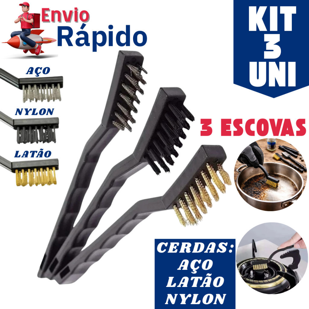 Jogo 3 Escova Multiuso Cerdas Aço Nylon Latão Limpeza Pesada Ferrugem Grelha Oficina