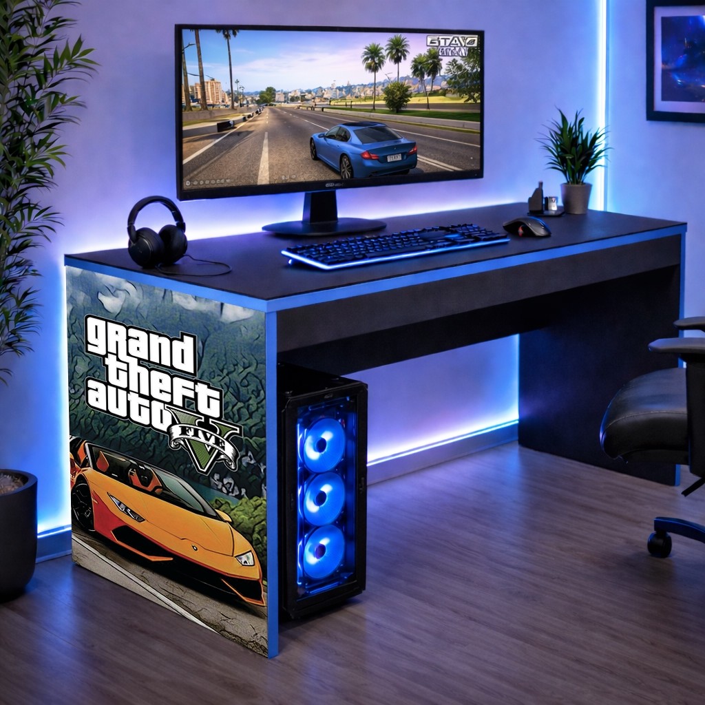 Mesinha Informatica Mesa Gamer Escrivaininha Jogoso GTA Borda Azul Achadinho Oferta Shopee