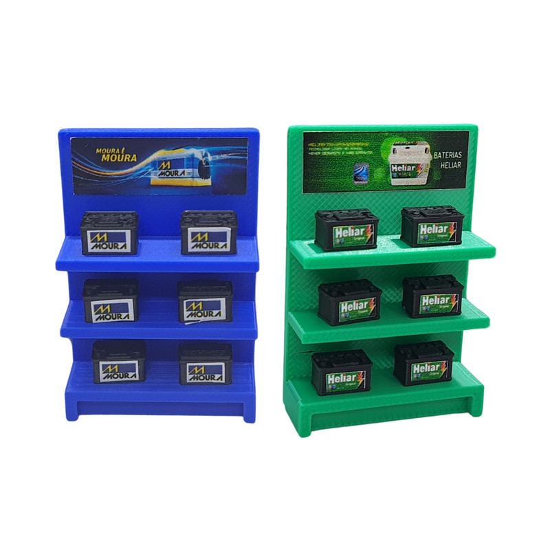 Expositor de Baterias Miniatura Escala 1:32 Moura ou Heliar para Diorama Oficina Maquete