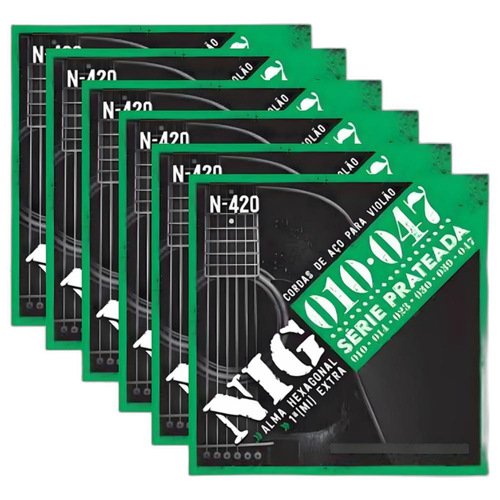 Kit 6 Encordoamentos Nig 010 P/ Violão Aço Série Prateada N420