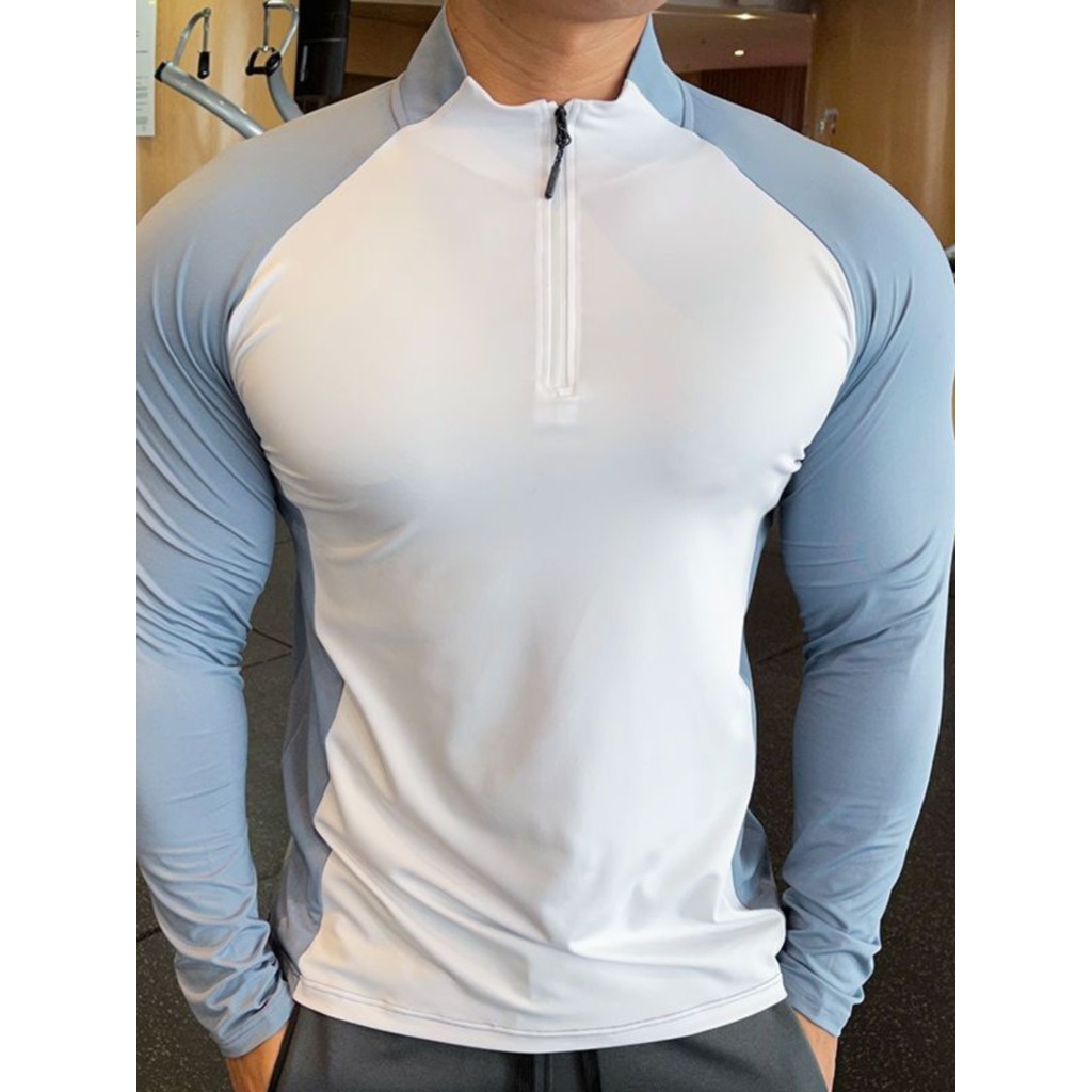 Outono correndo roupas de secagem rápida meia gola alta zíper manga comprida camiseta masculina primavera outono Fitness