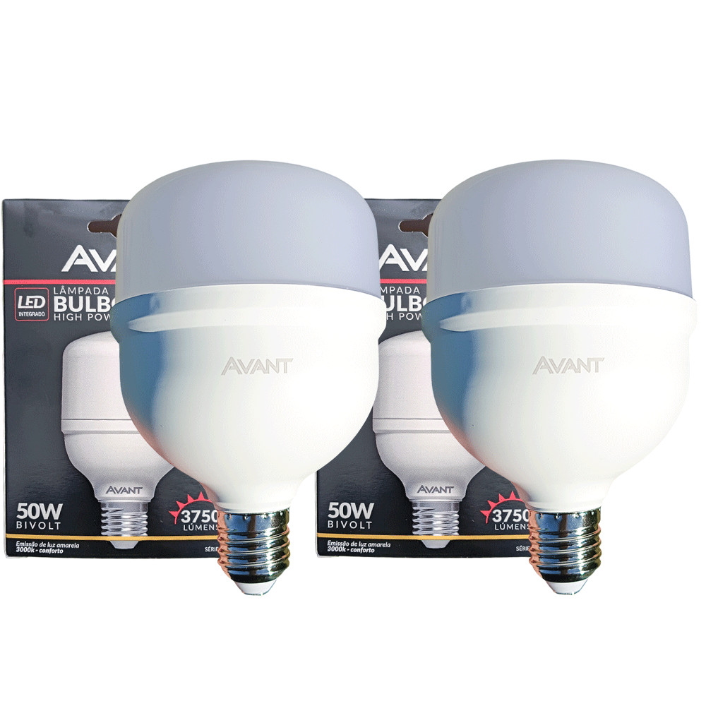 Kit 2 Lâmpadas LED Avant Bulbo High Power 50W Bivolt 3000K E27 Amarela