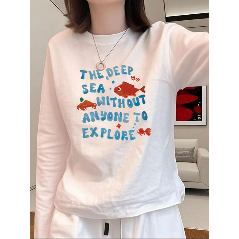 Camiseta de manga comprida branca de algodão puro primavera outono novo estilo estilo ocidental solto mais magro olhar t